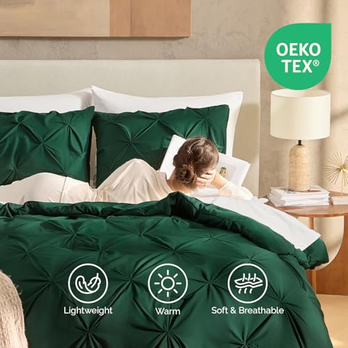 Image of Andency Dark Emerald Green Comforter Set Full, 3 Pieces Pinch Pleat Chic Bed Comforters & Sets, All Season Soft Lightweight Microfiber Boho Bedding Comforter Set(79x90In Comforter)