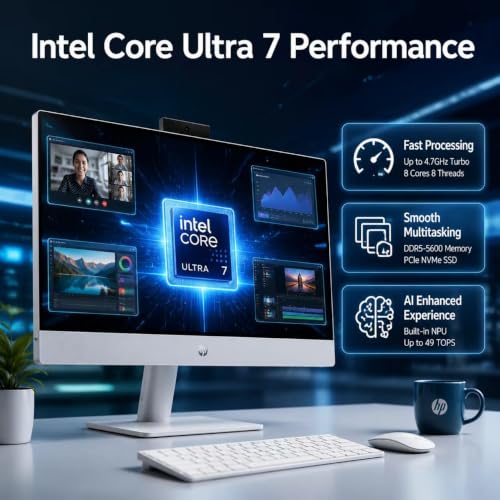 Image of HP OmniStudio 27 Inch All-in-One Desktop PC, Intel Core Ultra 7 355 Processor, 64 GB DDR5 RAM, 1 TB SSD, 27 inch Full HD Touchscreen Display, Adjustable Height, 49 TOPS AI PC, Windows 11 Pro, Cotton White
