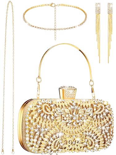 4 Pcs Clutch Purses Jewelry Set for Women Evening Rhinestone Jewelry Bling Glitter Diamond Evening Bag Necklace Choker Bracelets Earrings Set for Wedding Bridal Party Prom(Gold)