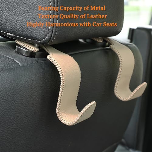 Image of Amooca Car Seat Headrest Hook 4 Pack Metal Core Hanger Universal Car Storage Organizer for Handbag Purse Coat S Type Leather Beige