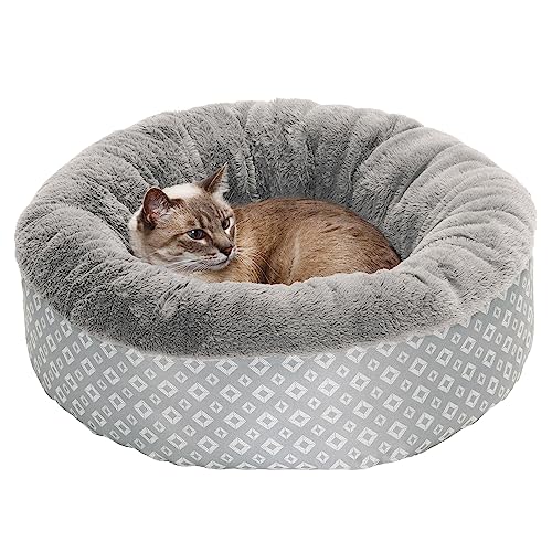 Image of Furhaven 23 inch Round Donut Dog Bed for Indoor Cats & Small Dogs, Washable, For Dogs Up to 20 lbs - Plush & Diamond Print Donut Bed - Gray, Small
