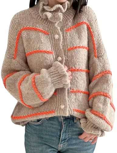 QIBABU Womens Striped Cardigan Sweaters Casual Button Down Chunky Ruffle Open Front Knit Outwear