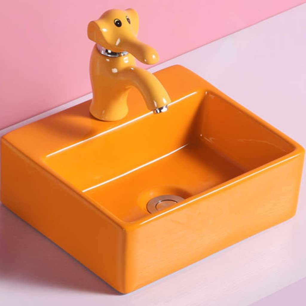 Washbasin Small Single Sink,Color With Elephant -shaped Water Faucet,Ceramic Rectangular Art Pot white (Orange)