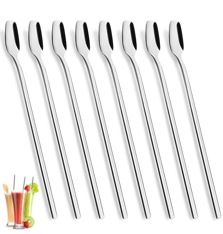 YFWOOD Juego de 8 cucharas Latte Macchiato, cucharas largas de 20,5 cm, cucharas de helado, cucharas de postre, café, helado, cóctel, yogur, cucharas agitadoras de acero inoxidable
