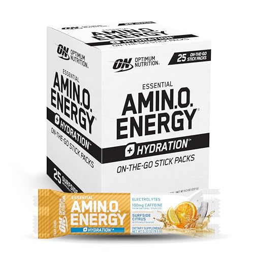 Optimum Nutrition Amino Energy Plus Hydration Packets, On-The-Go Caffiene Stick Packs, Surfside Citrus, 25 Count