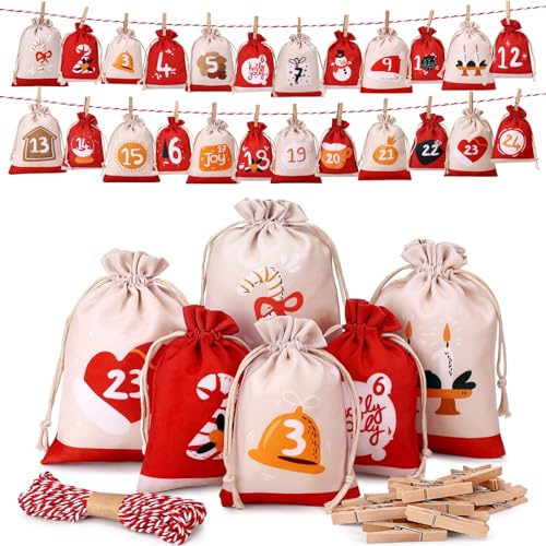 Acsatont Adventskalender zum Befüllen, Adventskalender Säckchen für Kinders, 24 Adventskalenders Selber Befüllens Kinder Stoff, DIY Weihnachtskalender Aufhängens zum Selbst Befüllen Kinder