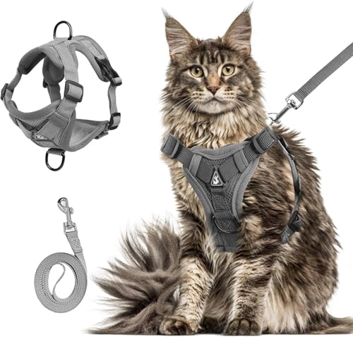 Escape-Proof Cat Harness and Leash Set Adjustable Breathable Mesh Vest for Adult Cats and Kittens Reflective Pet Walking Gear XL Grey