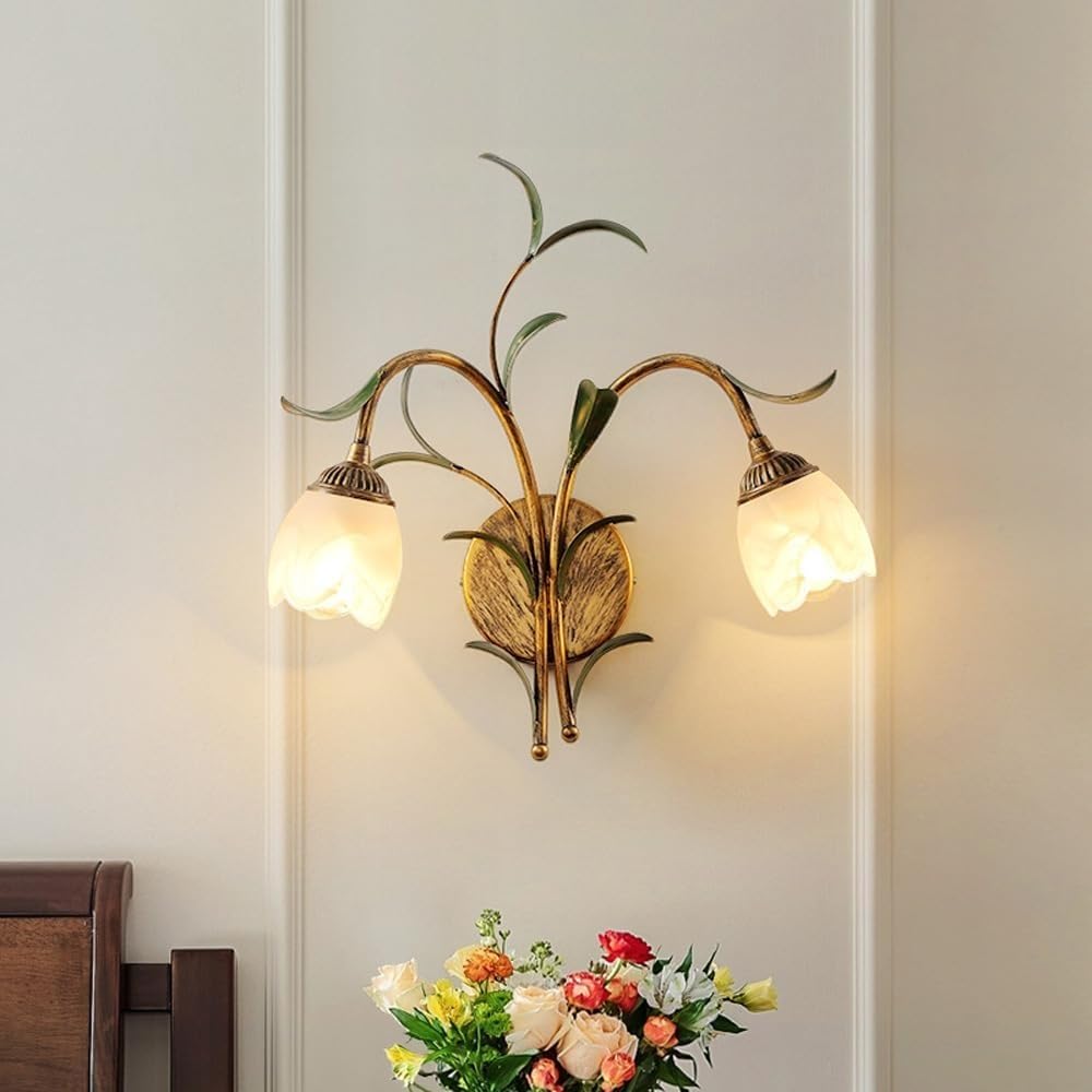 Stesulfr Vintage Flower Wall Sconces Pastoral Style Wall Lamp Home Decor Creative 1 Head Wall Light Farmhouse Wall Lighting for Living Room Hallway & Bedside Light Floral Glass Lampshade