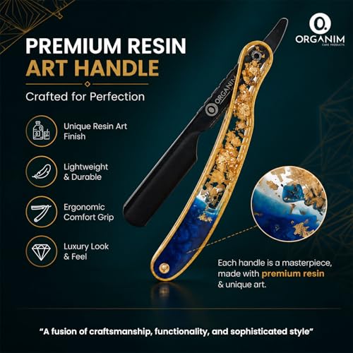 Image of Professional Straight Shaving Razor with Premium Handmade Resin Art Handle | Heavy Duty Sliding Head Barber Ustra for Men | Salon & Home Smooth Shave