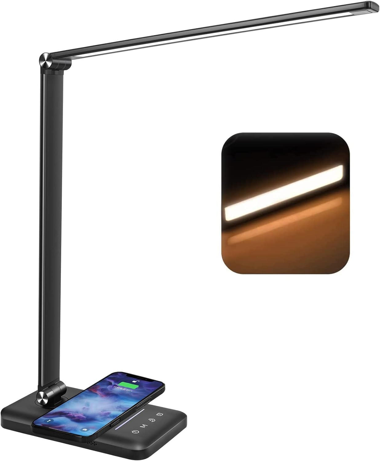 BIENSER Lampada da Scrivania LED con Ricarica Wireless 10W, Funzione di Ricarica USB, 600LM Lampada da Tavolo con 10 Livelli di Luminosità × 5 Colori, Luce Notturna, Memoria, Timer Auto, 6000K, 24W