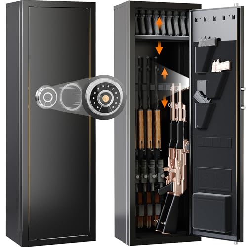 Dawmilon 10-14 Gun Safe, Biometric & Digital Keypad Quick Access Rifle Cabinet with 3 Adjustable Racks, Handgun Pockets, Heavy Duty Steel Security Box for Home Defense & Firearm Storage