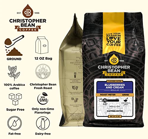 Christopher Bean Coffee - Blueberries And Cream Flavored Coffee, (Regular Ground) 100% Arabica, No Sugar, No Fats, Made With Non-Gmo Flavorings, 12-Ounce Bag Of Regular Ground Coffee #TOP1