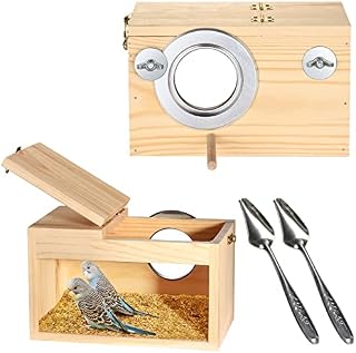 Skyeasure Budgie Nesting Box, Bird Nests for Cages, Bird Nest Breeding Box Natural Wood House Parrots Mating Box Aviary Cage with Stainless Steel Feeding Spoon for Lovebirds Budgies Finch