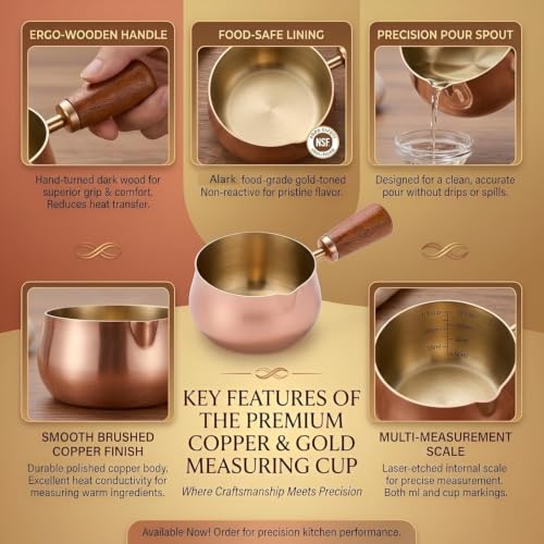 Image of Mini Turkish Coffee Pot with Wooden Handle | Premium Stainless Steel Cezve Coffee Maker | Copper Finish Milk Heating Pot for Turkish Coffee, Butter Melting, Sauce, Tea & Tadka | 50 ML