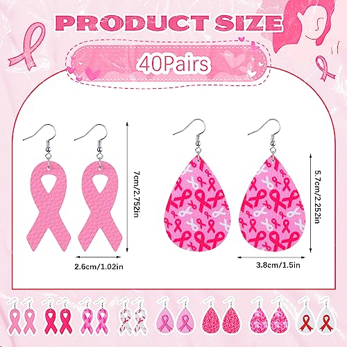 40 Pairs Breast Cancer Awareness Earrings for Women Lightweight PU Leather Pink Ribbon Earrings Teardrop Women's Drop Dangle Earrings Bulk for Women Support Statement Jewelry, 8 Styles2
