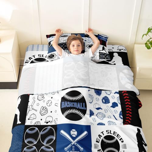 Image of Castle Fairy Baseball Bed Sheet Set Twin Size,Sports Geometric Grid Blue Sheet Set Kids Teens,Patchwork Baseball Bedding Decor Set with 1 Flat & 1 Fitted Sheet with 1 Pillow Sham