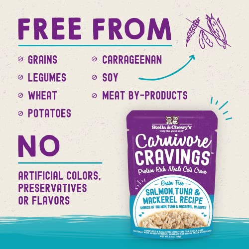 Stella & Chewy’s Carnivore Cravings Wet Cat Food Pouches – Grain Free, Protein Rich Meal, Topper Or Treat – Salmon, Tuna & Mackerel Recipe (2.8 Ounce Pouches, Case Of 24) #TOP28
