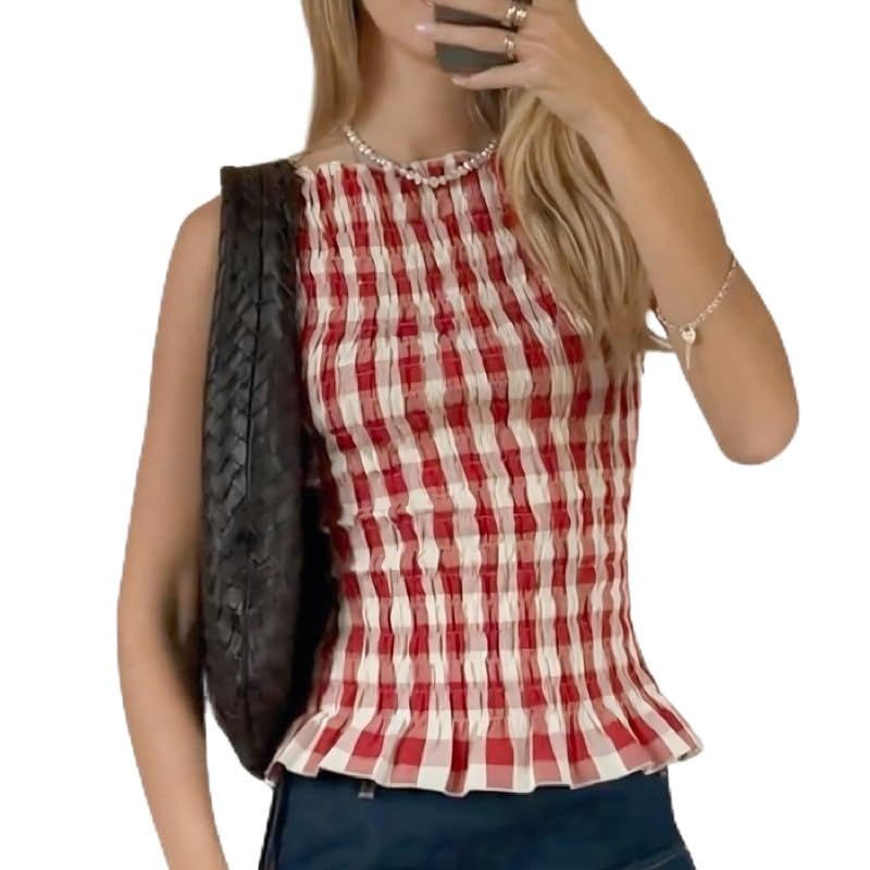 Women Smocked Tank Tops Y2k Ruffle Hem Shirred Crop Top Cute Sleeveless Peplum Shirt Summer Going Out Tops Streetwear