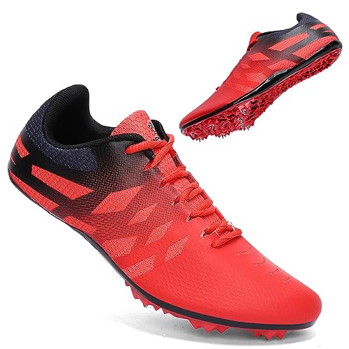Men Women Kids Track and Field Shoes Professional 8 Spikes Running Racing Sneakers Breathable Lightweight Sprinting Shoes (7.5,Red Black)