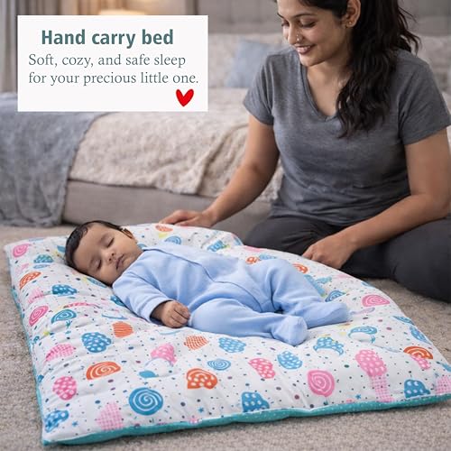 Image of Fareto Combo of Baby Bed with Net | Carry Bag | 4 Pcs Bedding Set (0-6 Months, Baby Size, Cotton) (Pista Sprial)