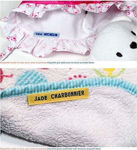 Étiquettes tissées personnalisées vintage - ruban nominatif marquage vêtements fond blanc texte bleu