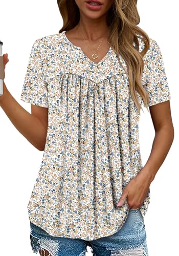 KISSMODA Tops for Womens Summer Cute Short Sleeve Shirts Trendy Notched Neck Blouses Casual Loose Pleated Tunics S-3Xl