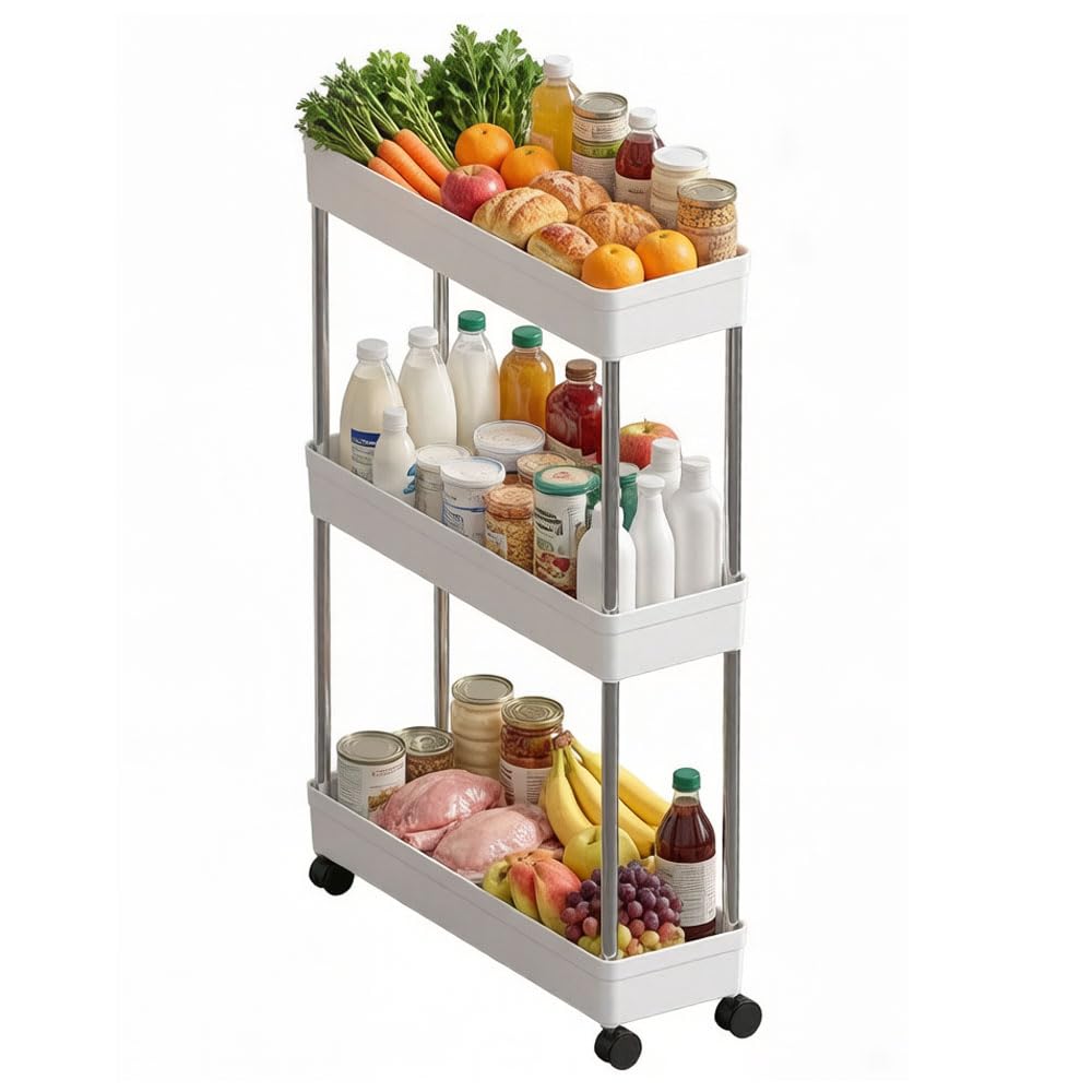 3-Tier Narrow Slim Storage Trolley Cart Slide-out Rolling Utility Mobile Shelving Space Organizer Shelf Rack Storage Cart on Wheels for Kitchen Bathroom Laundry Room Narrow Places (3-Tier, No Armrest)