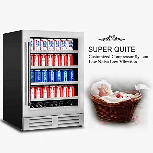 SIPMORE Beverage Refrigerator 24 inch Stainless Steel Shelf System 154 Cans and 6 Bottles Built-in or Freestanding for Soda Beer, Powerful Drink with Smart Control System and Double-Layer Glass Door on Fridge.com