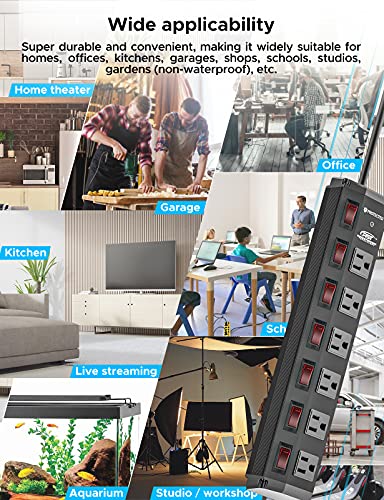 Crst 6 Outlet Heavy Duty Metal Power Strip With Individual Switches, 15A Mountable Power Strip Surge Protector Circuit Breaker(1200 J), 6Ft Extension Cord #TOP5
