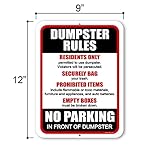 Honey Dew Gifts, Dumpster Rules No Parking in Front of Dumpster, 9x12 inch, Made in USA, Tinplate Sign, Simple, Functional, White