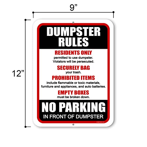 Honey Dew Gifts, Dumpster Rules No Parking in Front of Dumpster, 9x12 inch, Made in USA, Tinplate Sign, Simple, Functional, White