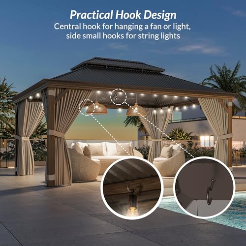 BELLEZE 12 x 16ft Hardtop Gazebo, Widen Pole Outdoor Canopy, Aluminium Frame Galvanized Steel Double Roof Waterproof Gazebo Tent with Nettings and Curtains for Patio, Backyard, Deck, Lawns, Garden - Image 3