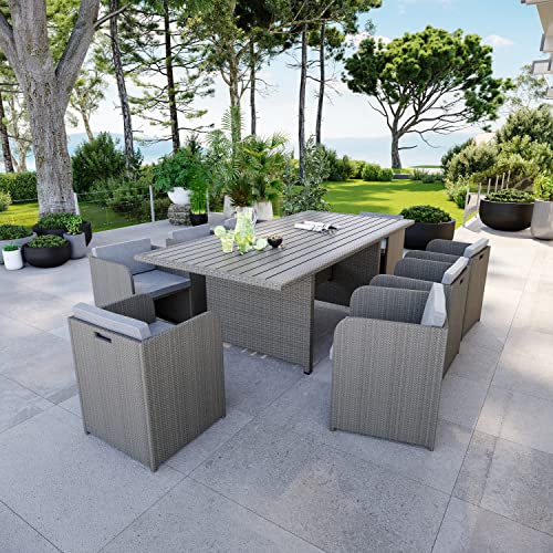 Avril Paris 8 Places - Ensemble encastrable Salon Table de Jardin Aluminium et Acier, Housse de Protection- Gris- CABOURG.
