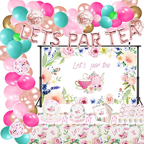 227 Pcs Let's Par Tea Party Supplies, Tea Time Balloons Arch Garland Kit, Floral Tea Backdrop, High Tea Themed TableCloth, Teapot Teacups Tableware for Engagement Bachelorette Party Decorations