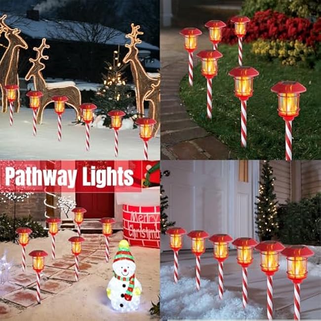 Dynaming 6 Pack Christmas Solar Flame Garden Lights Outdoor, Dual Use Flickering Flame Torch Candy Cane Pathway Marker, Xmas Hanging Lantern Lights, Waterproof & Auto On/Off for Patio Walkway Driveway