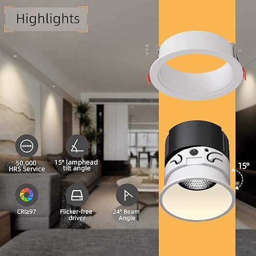 Miniatura 4 de Aisilan - Foco de iluminación empotrable de 4 pulgadas y 12 W, regulable, luz blanca cálida de 3000 K, ángulo ajustable CRI97, lámpara de enfoque