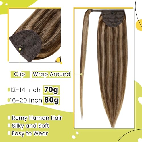 RUNATURE Brown Ponytail Extension Human Hair Highlight Blonde Ponytail Hair Extensions Long Straight Ponytail Extension Real Hair Brown 22 Inch 80 Gram - Image 3
