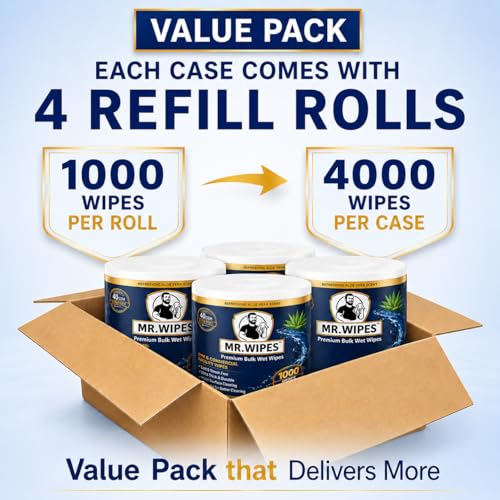 Image of MR. WIPES Premium Bulk Wet Wipes - 1000 Count per Roll (4 Rolls), Gym & Fitness Equipment, Commercial Use, 8 inch x 6 inch Sheet, Pro Series 40 GSM