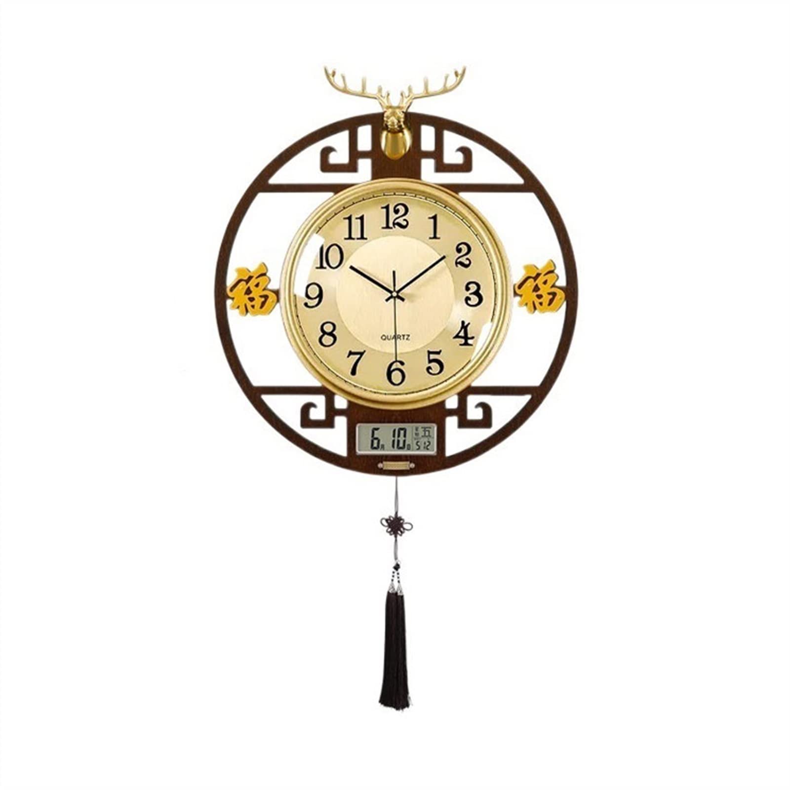 Aioneer Wall Clock Chinese Creative Wooden Frame Clock Deer Shaped Decorative Wall Quartz With Calendar Display