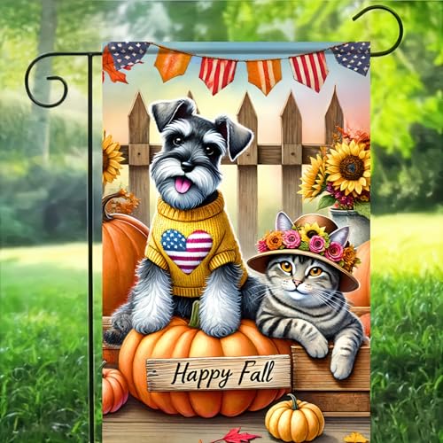 Image of BlissYard Happy Fall Schnauzer Dog and Cat Garden Flag 12x18 Inch Double Sided Fall Yard Banner with Puppy Pumpkin and Autumn Leaves for Thanksgiving Porch Patio Lawn Outdoor Decoration