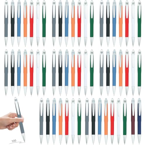 AXVRAV 100 Stück Ergonomische Kugelschreiber 7 Farben Rutschfester Kulli mit Großraumine Gehäuse Druckkugelschreiber für Büro und Haushalt Schwarze Tinte