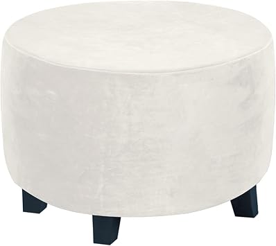 Ottoman Slipcover Round Ottoman Cover High Stretch Velvet Footstool Protector Cover for Footrest Furniture Color Ivory, Size XL30-41in