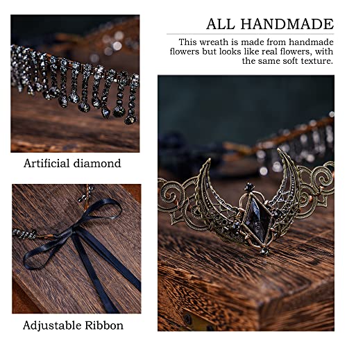 Mostory Handmade Black Crystal Circlet Medieval Fairy Moon Headpiece With Rhinestone Tassels Dark Elf Costume Hair Accessories For Women Girls Bridal Shower Parties Ren Fair Prom Maternity Shoot #TOP4