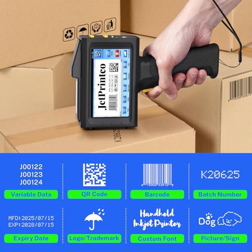 0.5 Inches Print Height Intelligent Handheld Inkjet Printer Lasts 16H Weighs Only 390g for Batch Code Date Lot Number Print on Plastic Carton Wood Metal Glass Aluminum with 42ml Fast Dry Ink