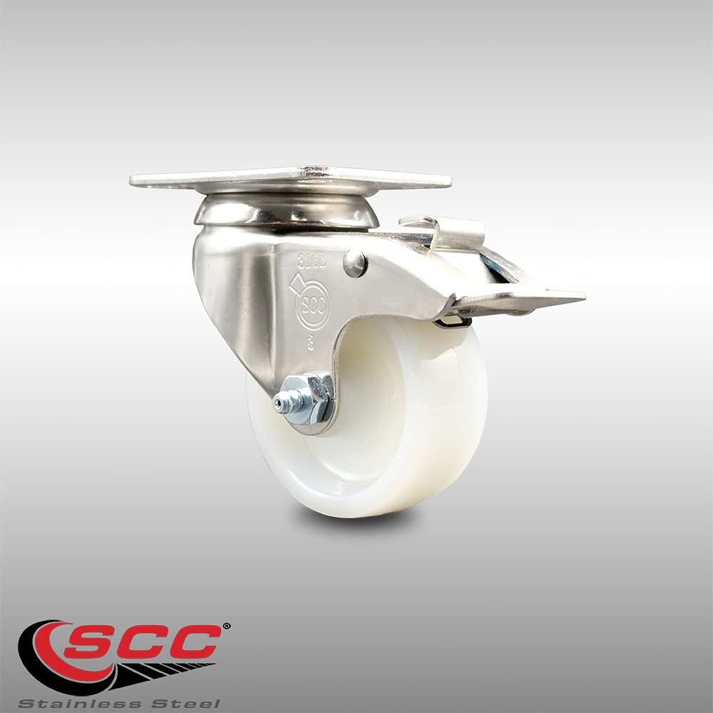 Nylon Swivel Top Plate Caster with 3 Inch White Caster Wheel and Total Lock Brake - 316 Stainless Steel Caster - 300 lbs. Capacity Per Caster - Service Caster Brand