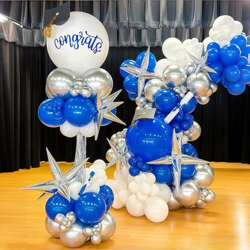Image of Royal Blue and Silver Balloons for Graduation Party Decorations, 12In Dark Navy Blue and White Balloons with Metallic Silver Star Balloon for Graduation Father's Day Birthday Baby Shower Party Decor
