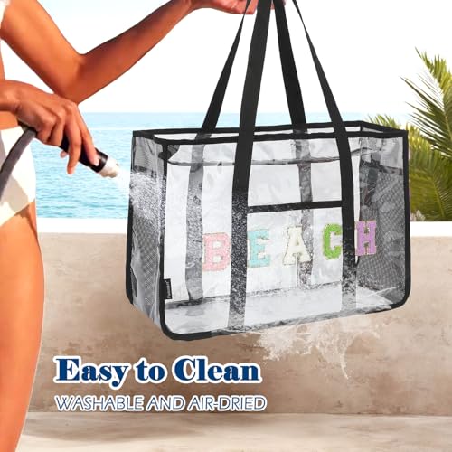 Image of Fammart Clear Beach Bag for Women, Large Pool Tote Cruise Vacation Essentials - Zipper Closure, Waterproof, Sandproof