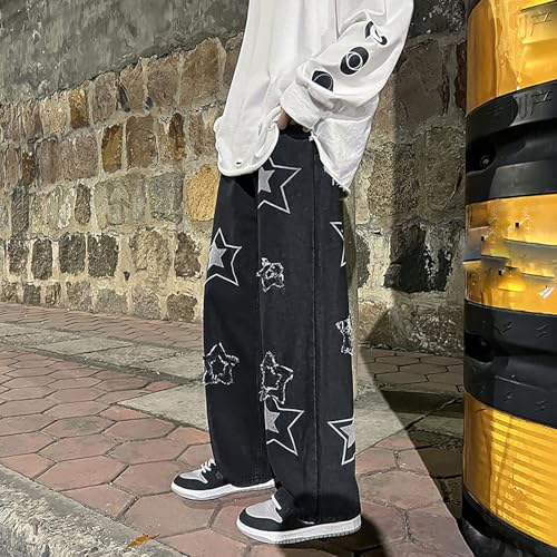 Men's Y2K Straight-Leg Jeans Loose Wide-Leg Star Pattern Retro Distressed Pants Hip-hop Street Style Harajuku Clothes3