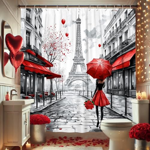 Cortina de ducha de la Torre Eiffel, paraguas rojo, blanco y negro, decoración de baño de París, romántica, primavera, verano, moderna, elegante, impermeable, con ganchos, 72 x 78 pulgadas