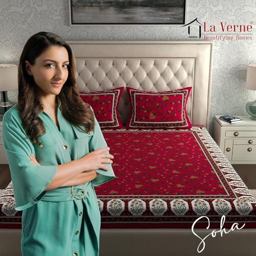 Image of LA VERNE 104 TC Cotton Double Bed Bedsheet Jaipuri Rajasthani Print Bedsheet with 2 Pillow Covers